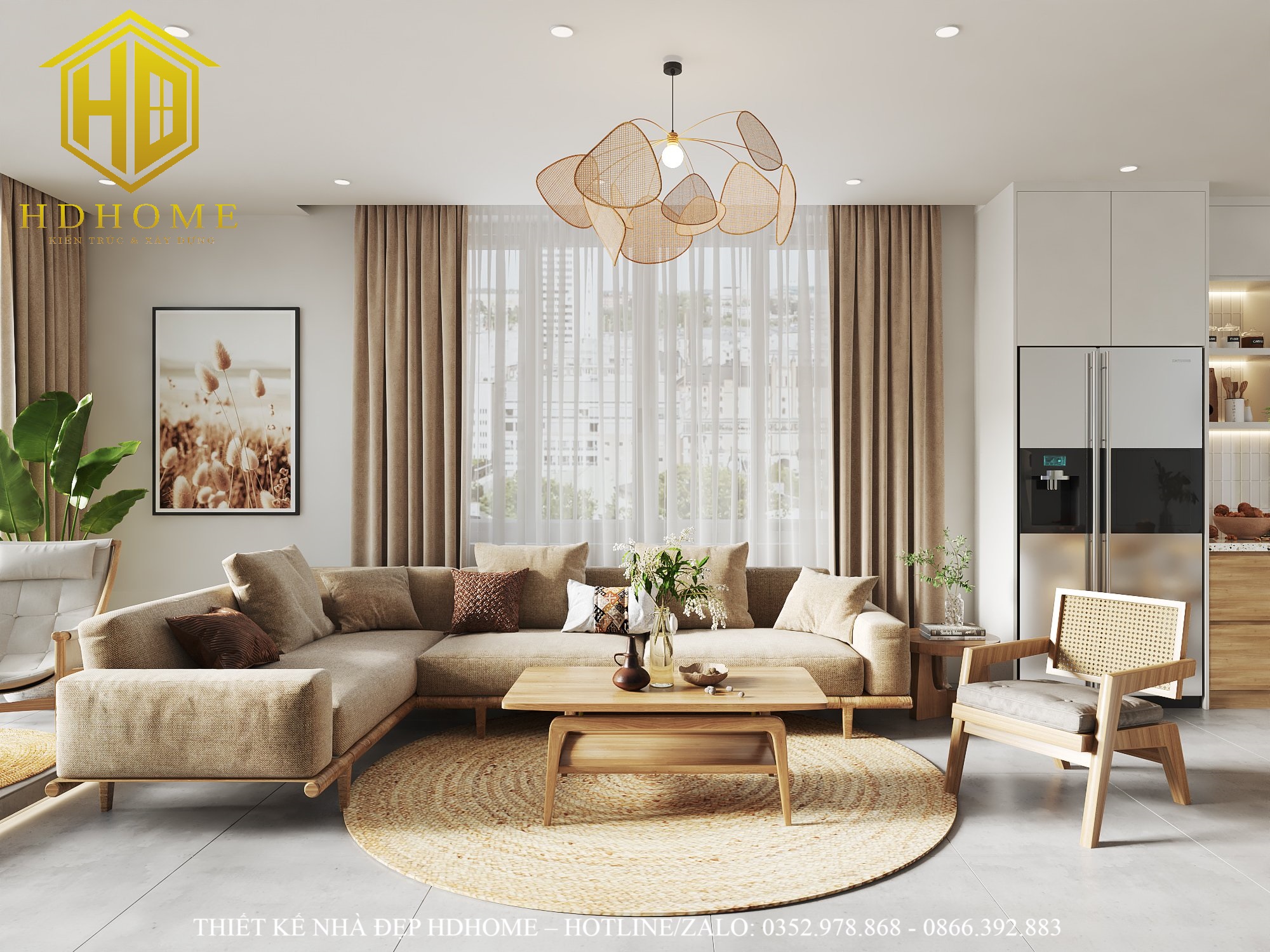 thiết kế nội thất tối giản gam trắng nâu