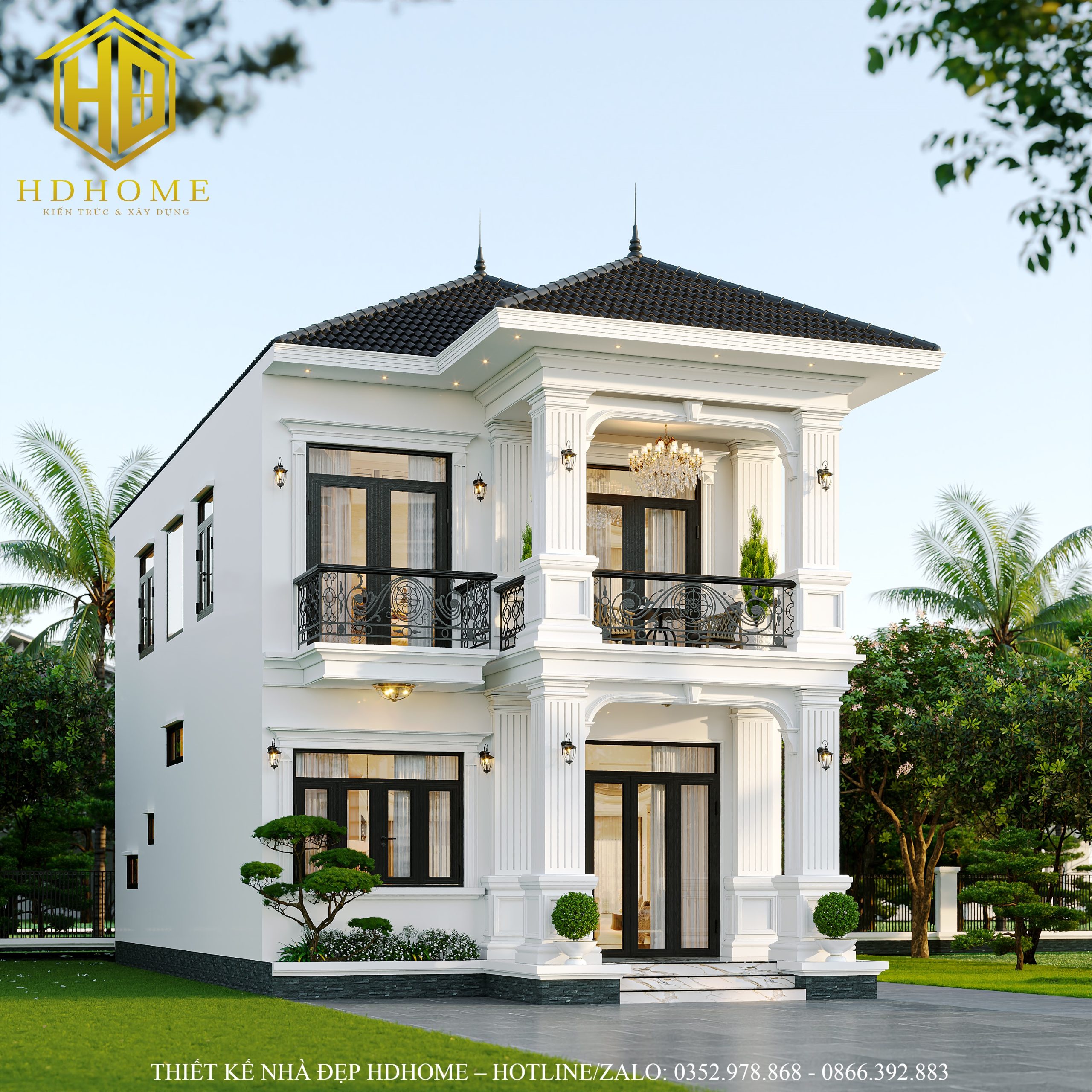 thiết kế nhà 2 tầng tân cổ điển mái Nhật