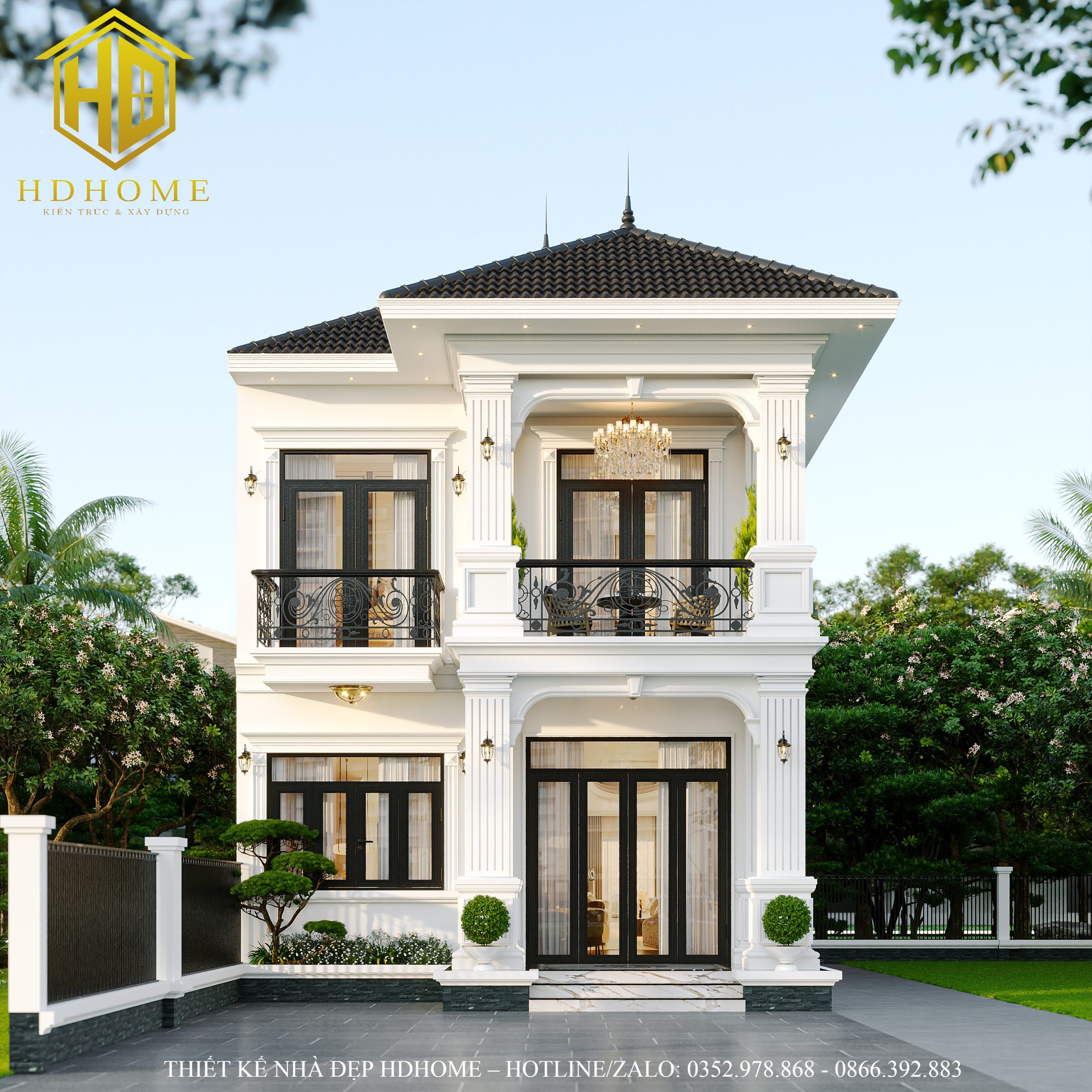 thiết kế nhà 2 tầng tân cổ điển mái Nhật