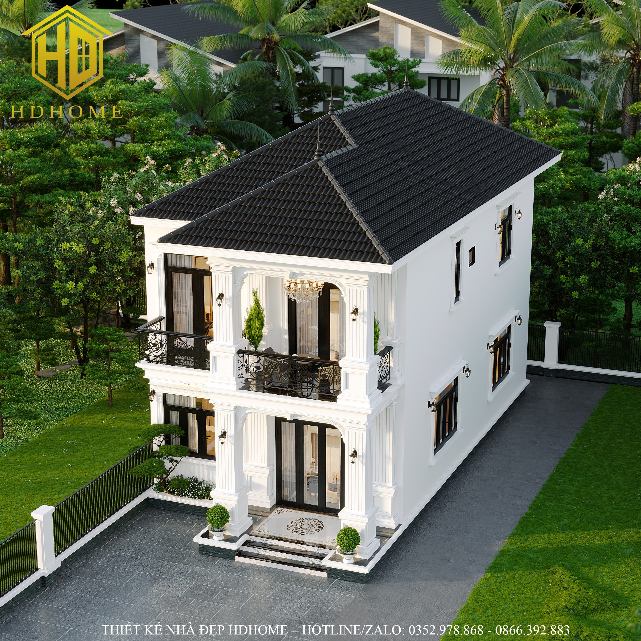 thiết kế nhà 2 tầng tân cổ điển mái Nhật